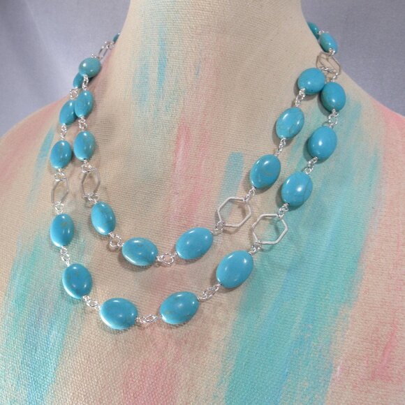 Turquoise Magnasite Necklace, Multi Strand Wrapped Wire Chain - Picture 3 of 6